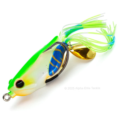 Close up of the Jackall Kaera S2 Beat Hollow Body Frog in the color Poison Dart Frog on white background