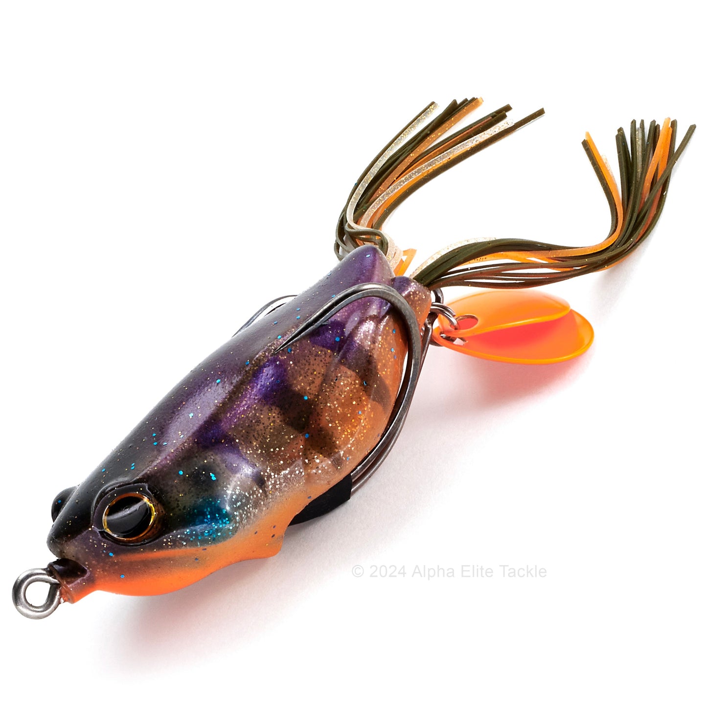 Close up of the Jackall Kaera S2 Beat Hollow Body Frog in the color Strong Orange Berry Beat on white background
