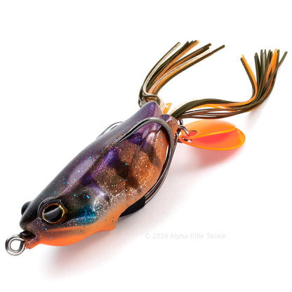 Close up of the Jackall Kaera S2 Beat Hollow Body Frog in the color Strong Orange Berry Beat on white background
