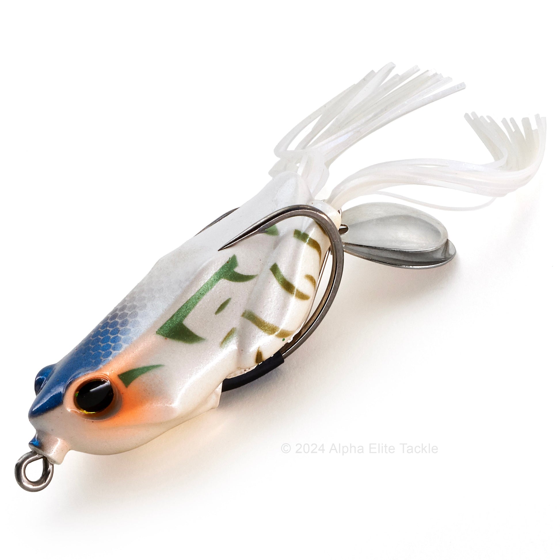 Close up of the Jackall Kaera S2 Beat Hollow Body Frog in the color White Tree Frog on white background