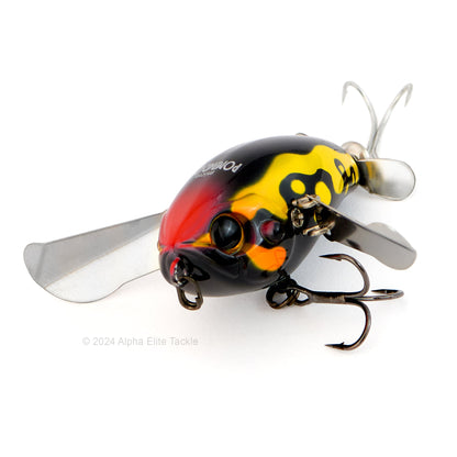 Close up of the Jackall Micro Pompadour Topwater Crawler in the color Black Poison Frog on a white background