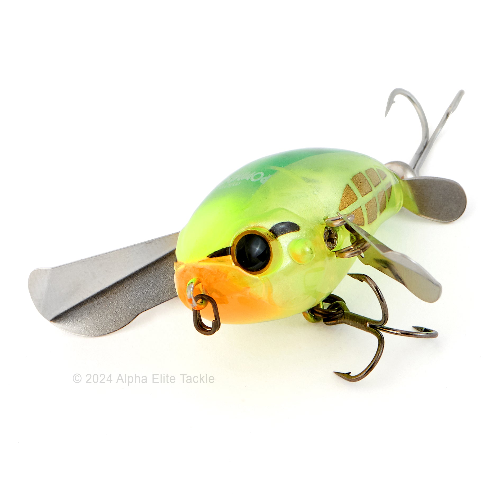 Close up of the Jackall Micro Pompadour Topwater Crawler in the color Chart Grasshopper on a white background