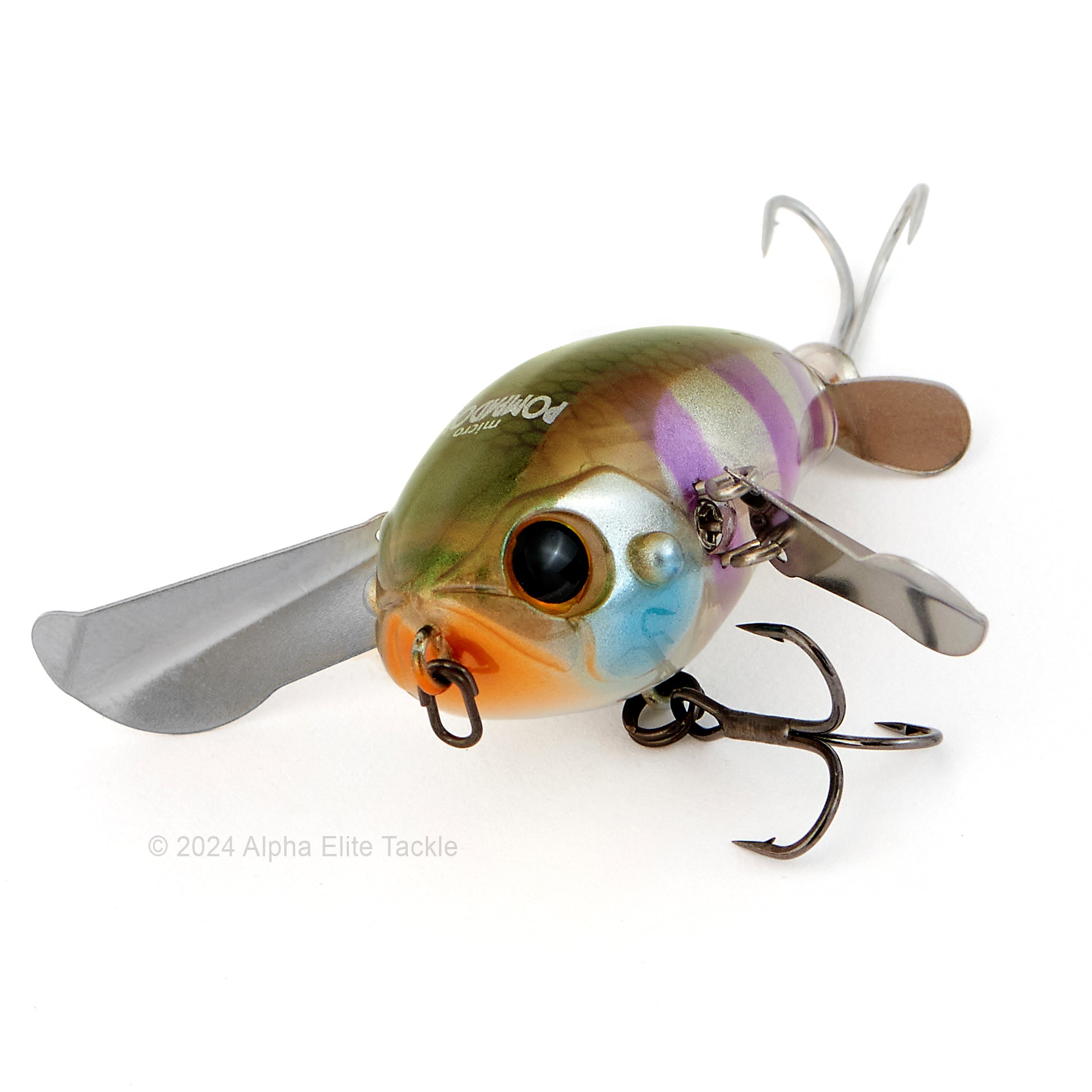 Close up of the Jackall Micro Pompadour Topwater Crawler in the color Chubby Gill on a white background
