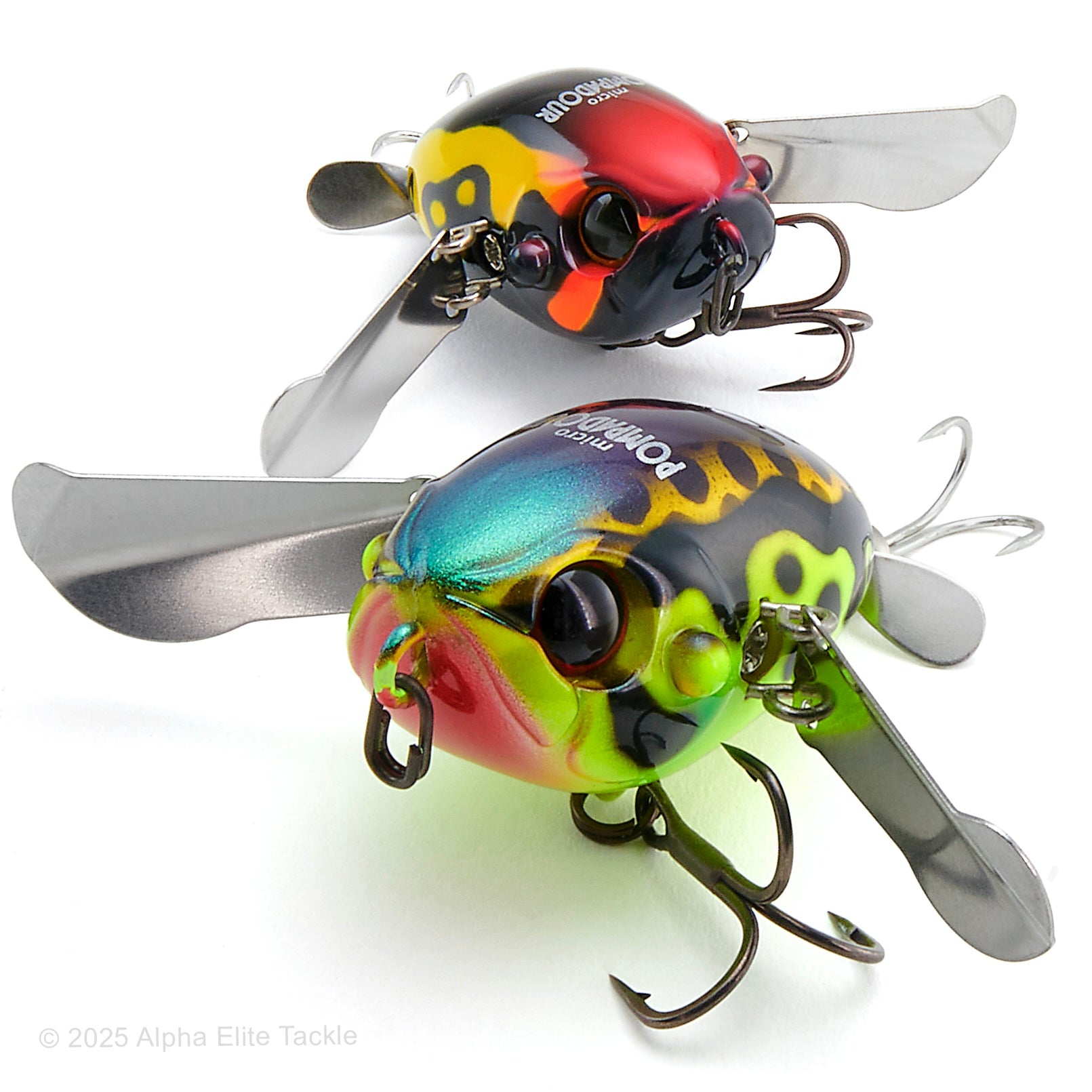 Close up of two Jackall Micro Pompadour Topwater Crawlers on a white background
