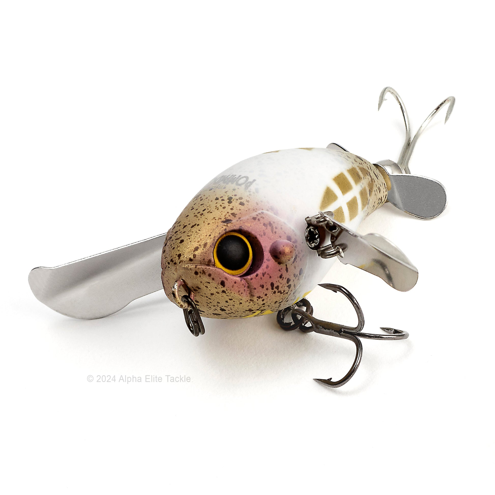 Close up of the Jackall Micro Pompadour Topwater Crawler in the color Maddy Shirohitori on a white background
