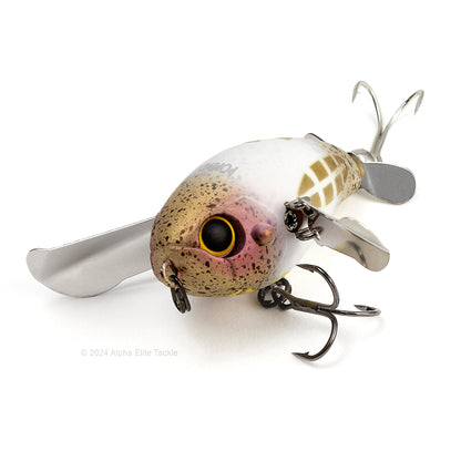 Close up of the Jackall Micro Pompadour Topwater Crawler in the color Maddy Shirohitori on a white background
