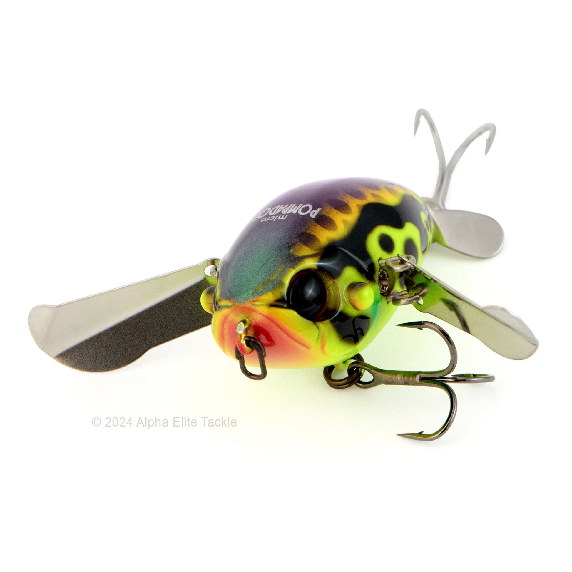 Close up of the Jackall Micro Pompadour Topwater Crawler in the color Poison Frog on a white background
