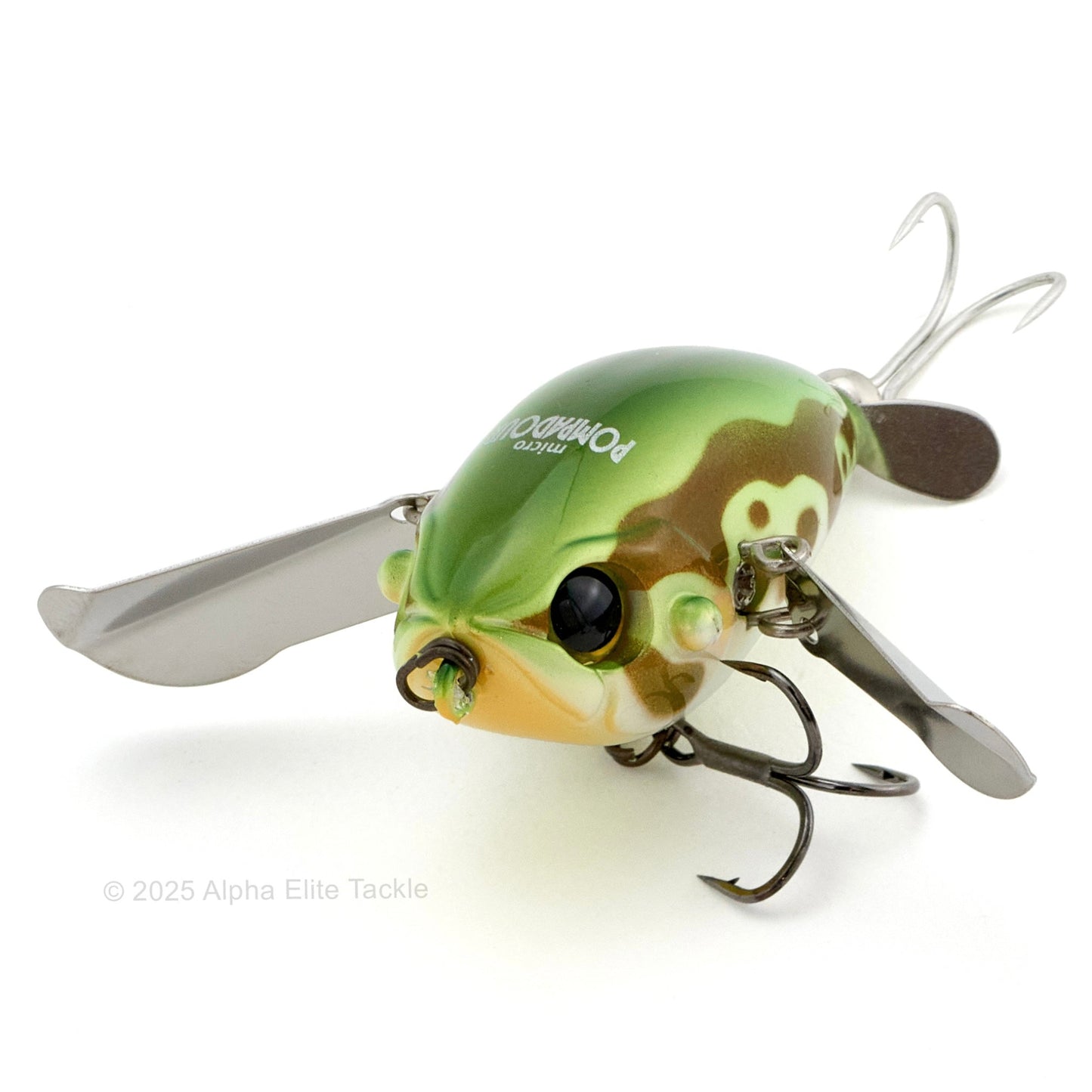 Close up of the Jackall Micro Pompadour Topwater Crawler in the color Shogun Frog on a white background