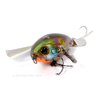 Close up of the Jackall Micro Pompadour Topwater Crawler in the color Smokey Gill on a white background