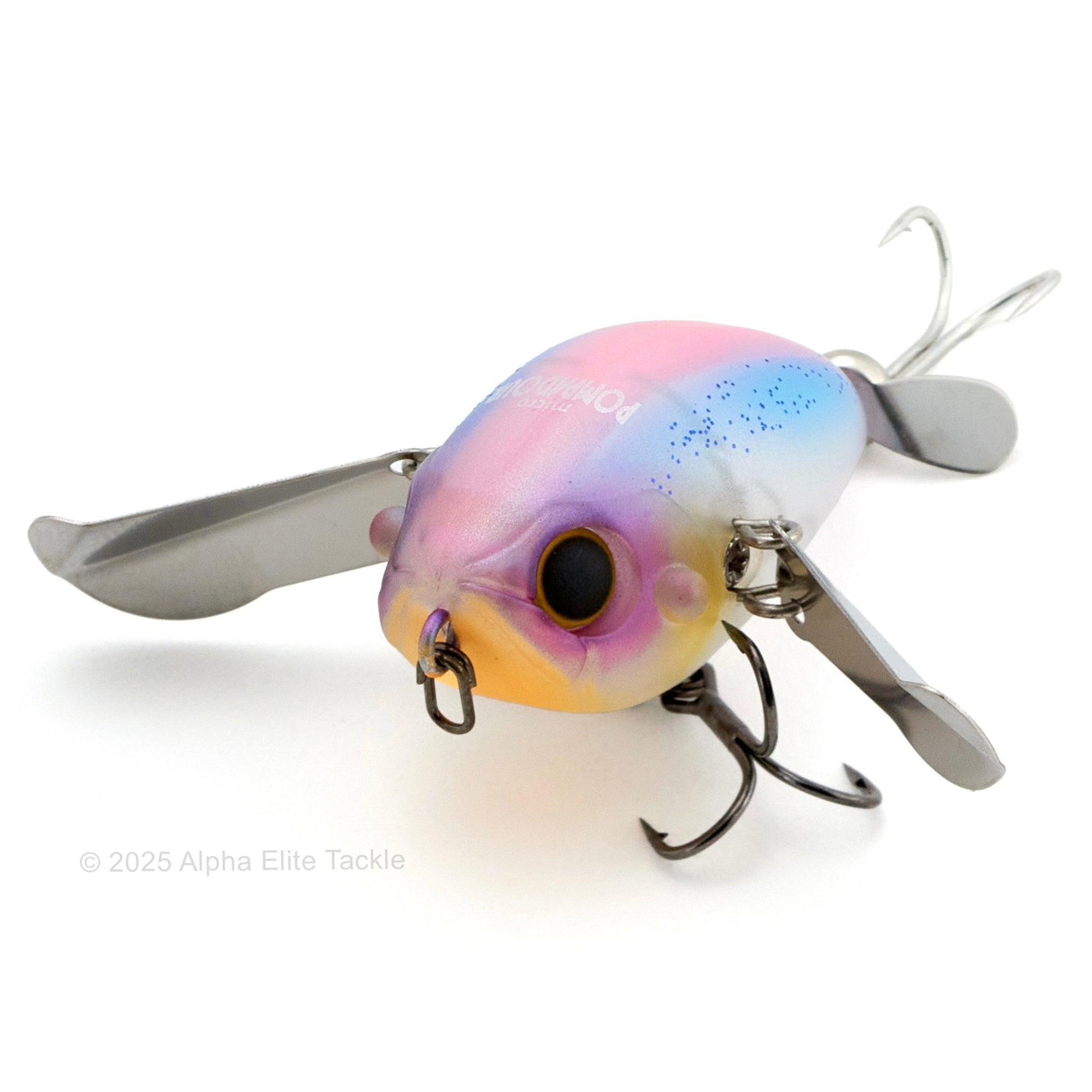 Close up of the Jackall Micro Pompadour Topwater Crawler in the color Wakasagi on a white background