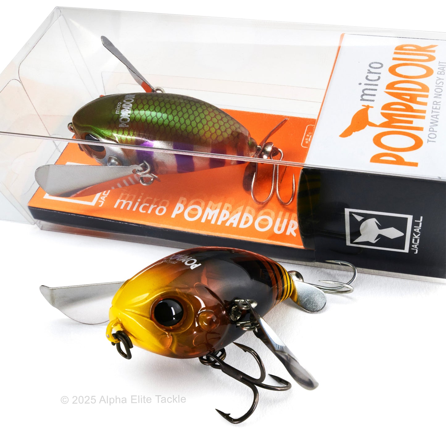 Close up of two Jackall Micro Pompadour Topwater Crawler  with one in a package on a white background
