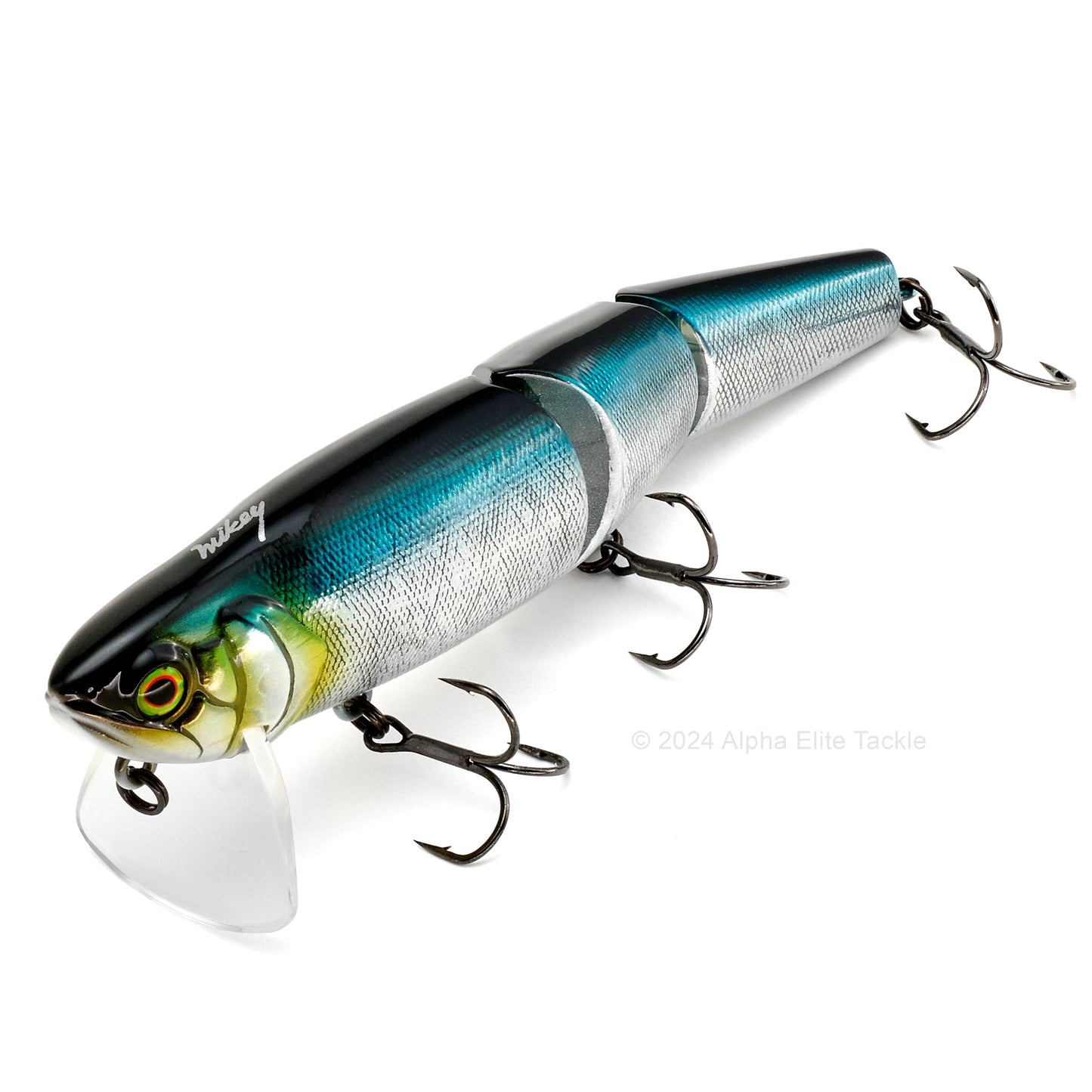 Close up of the Jackall Mikey 140 Jointed Wakebait in the color HL Aurora Black on white background