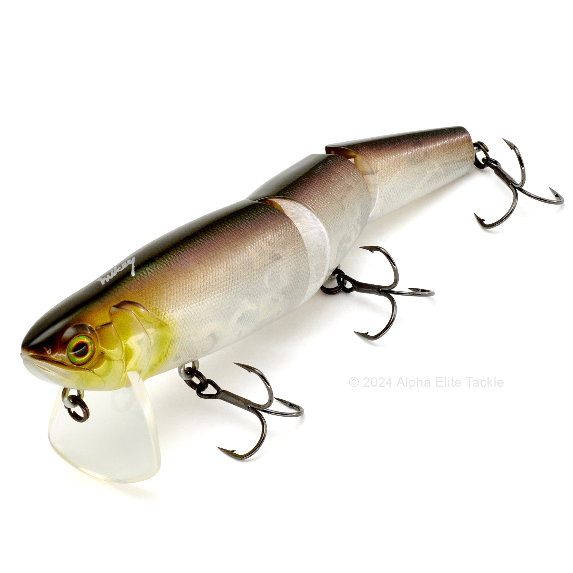 Close up of the Jackall Mikey 140 Jointed Wakebait in the color Ghost Minnow on white background