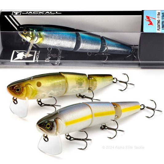 One package and two individual Jackall Mikey 140 Jointed Wakebaits on white background