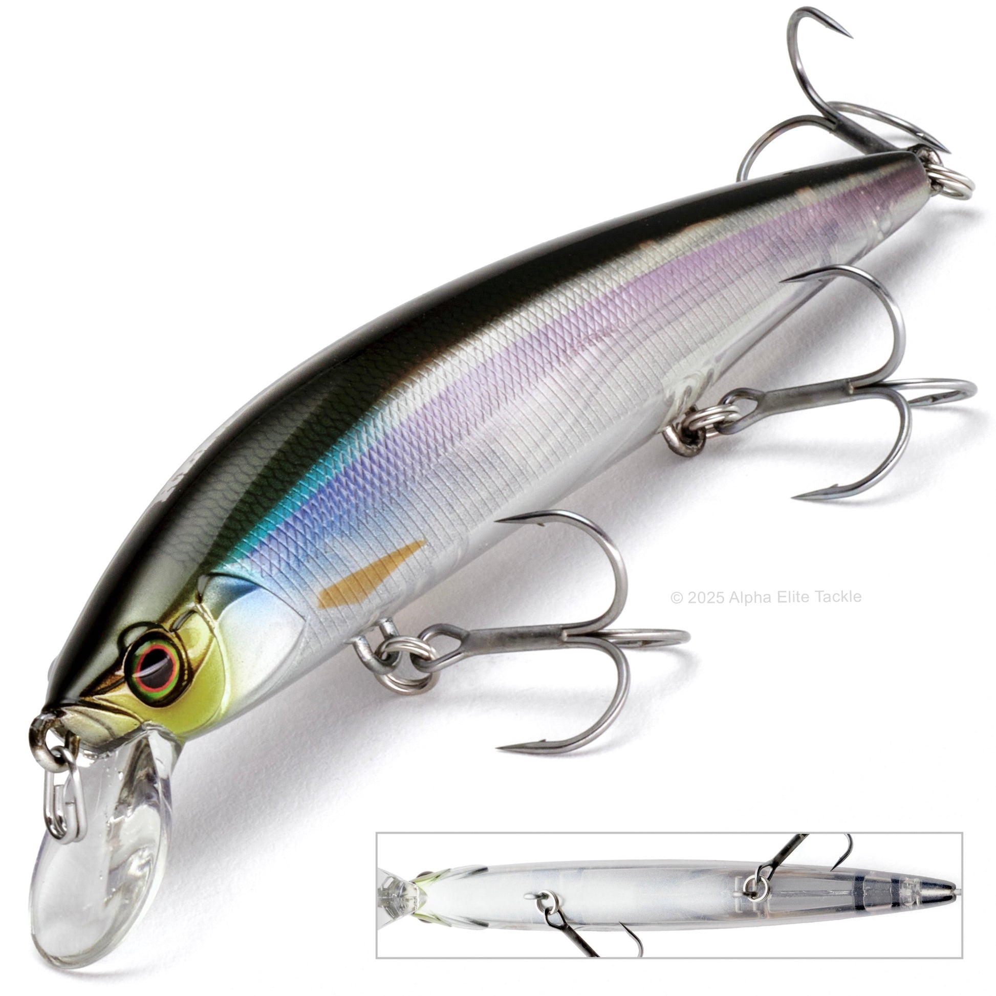 Jackall Rerange 110SP Suspending Jerkbait in the color Ghost Wakasagi on a white background