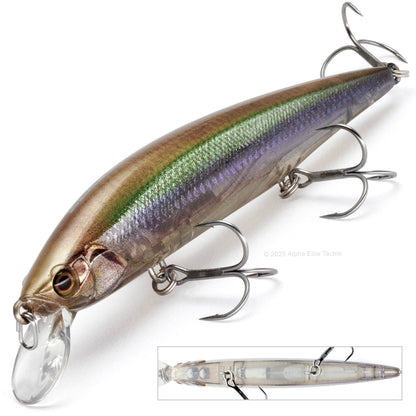 Jackall Rerange 110SP Suspending Jerkbait in the color RT Holo Minnow on a white background