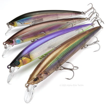 set of four Jackall Rerange 110SP Suspending jerkbaits on a white background