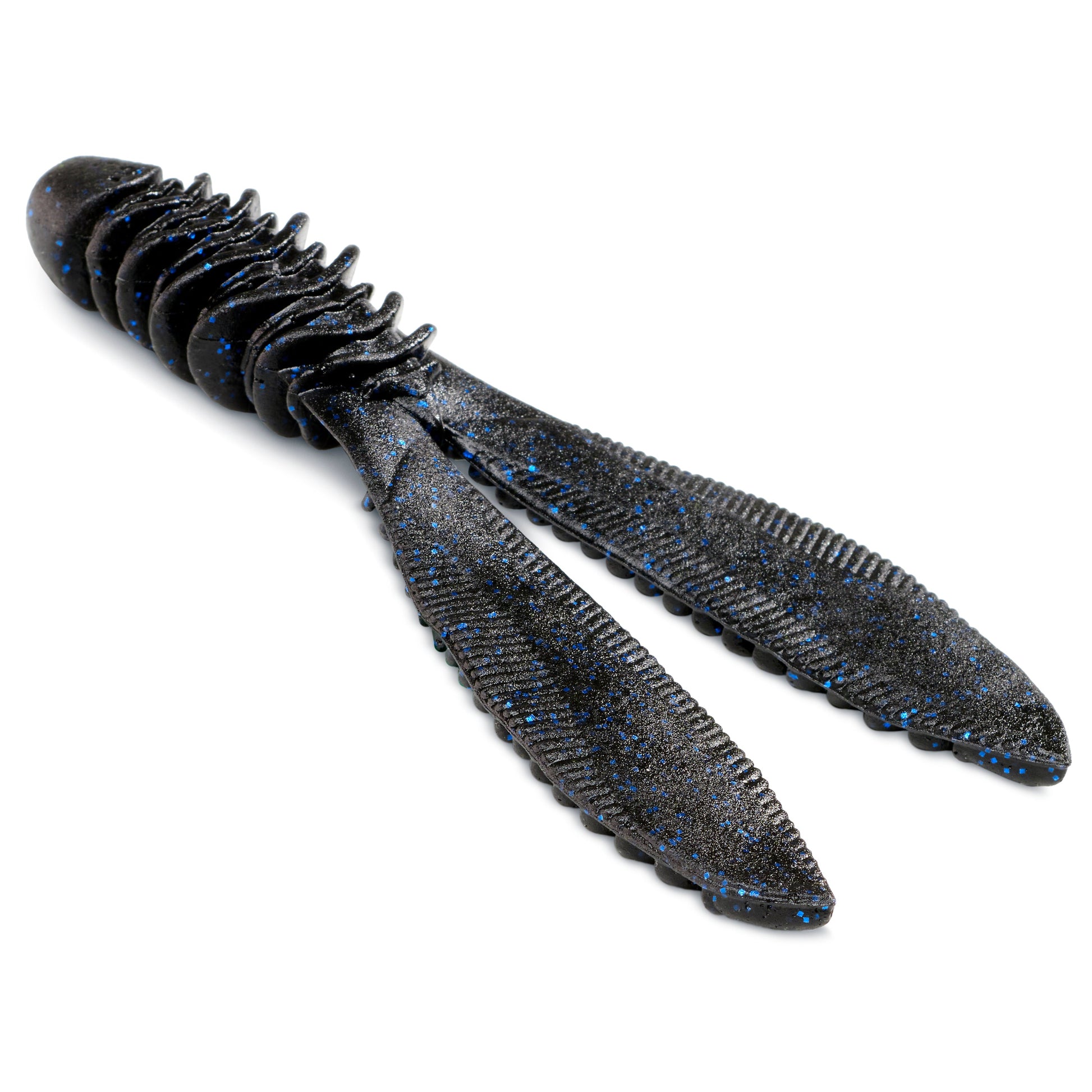 Close up of the Jackall Ribbing Bunny creature bait in the color black blue flake on a white background