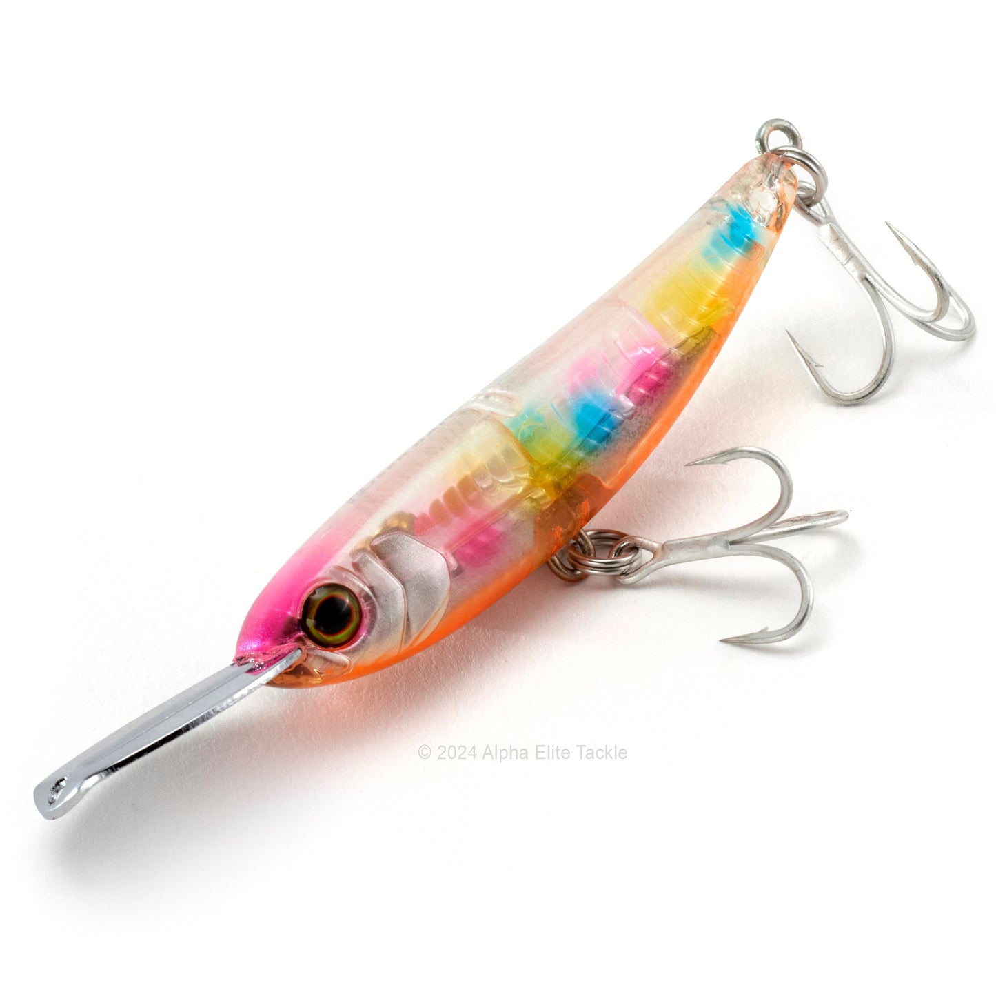 Close up of the Jackall Riser Bait 006 in the color Clear Cotton Candy on a white background