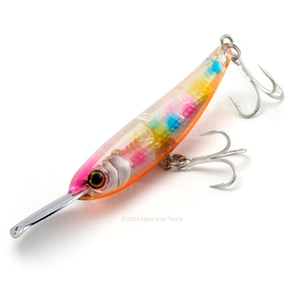 Close up of the Jackall Riser Bait 006 in the color Clear Cotton Candy on a white background
