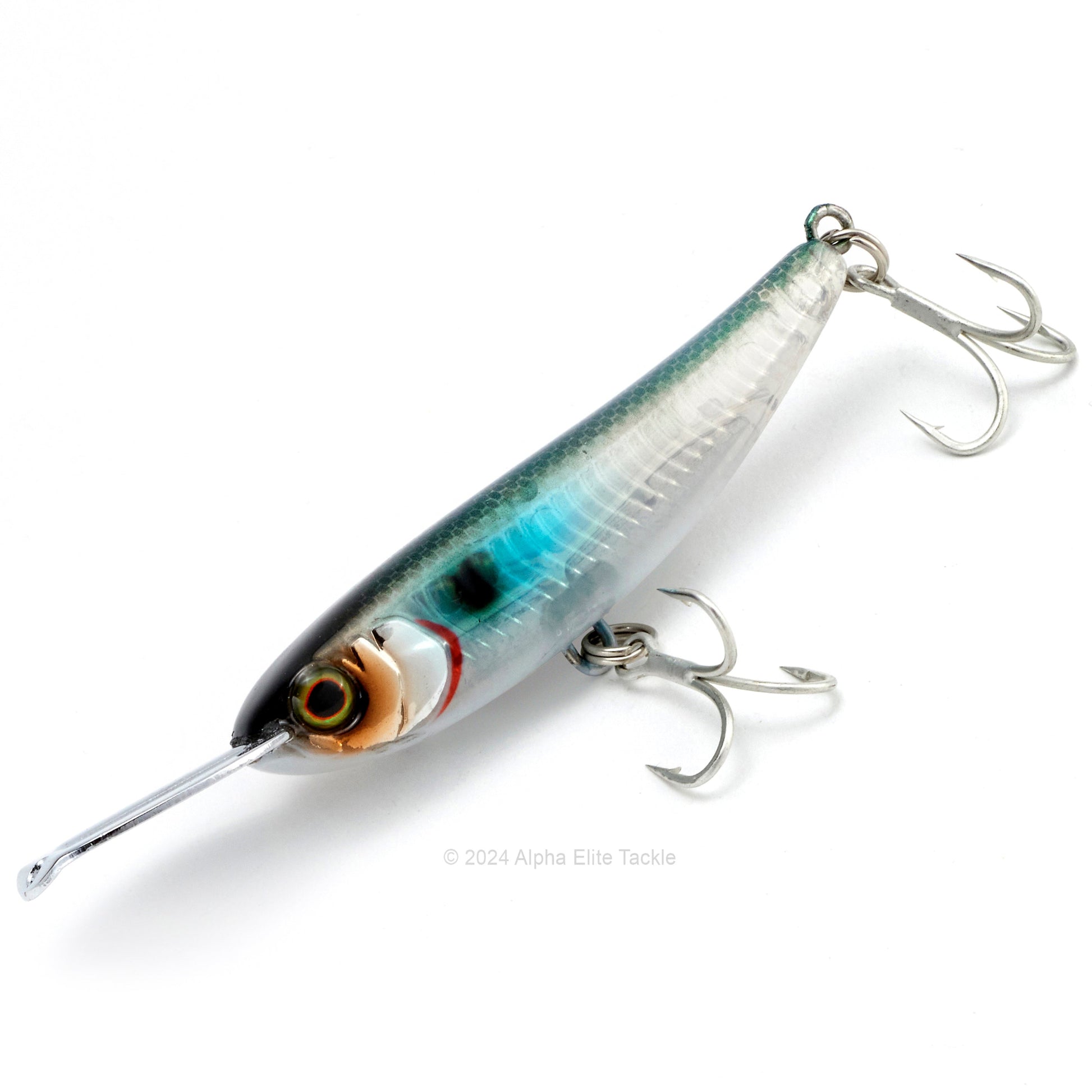 Close up of the Jackall Riser Bait 006 in the color Inakko Clear on a white background