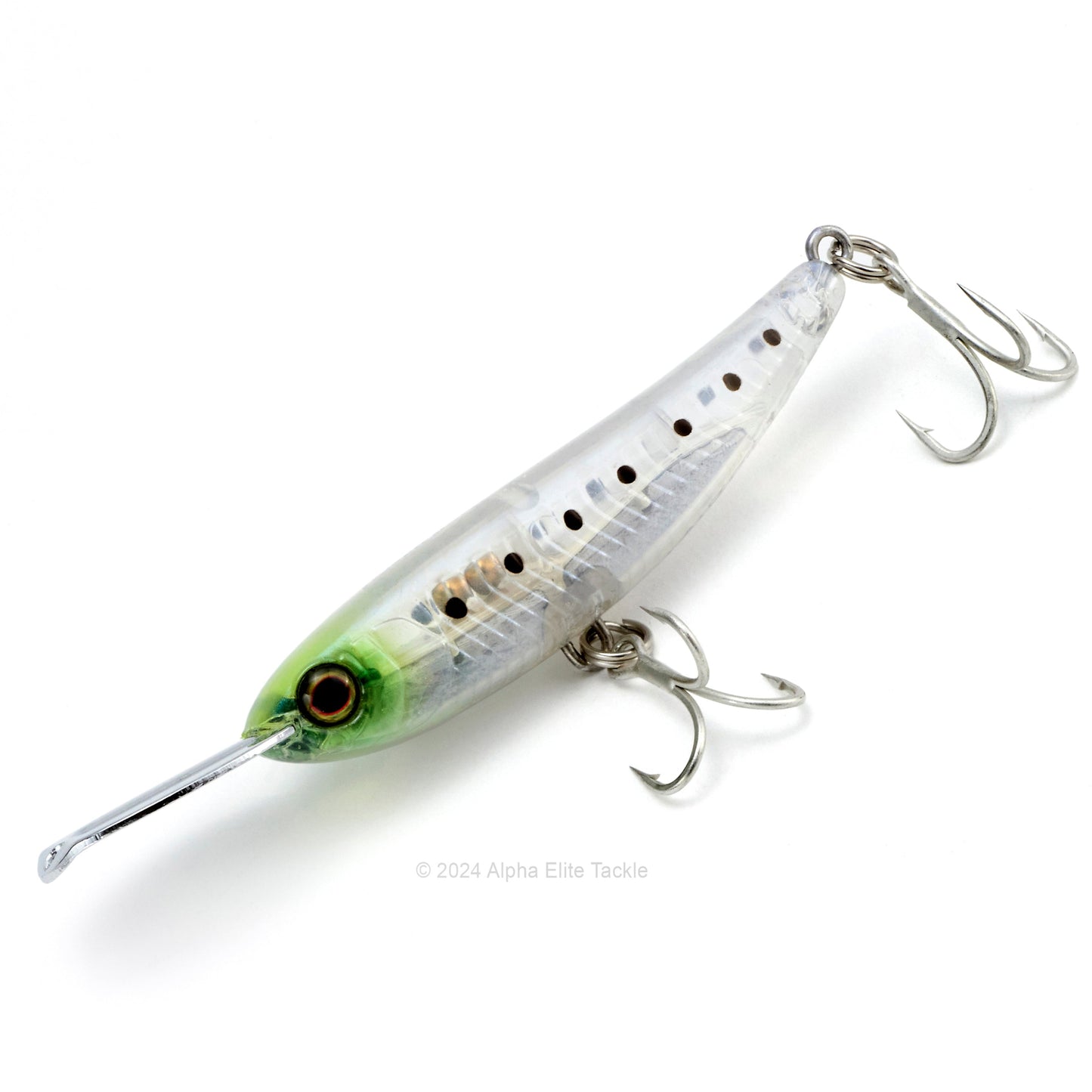 Close up of the Jackall Riser Bait 006 in the color Mystery Clear on a white background