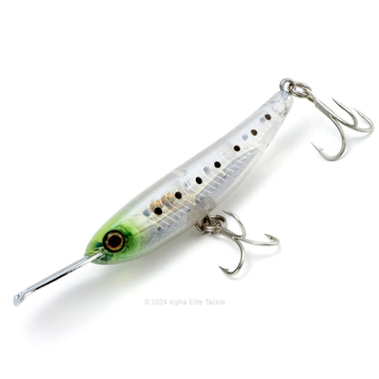 Close up of the Jackall Riser Bait 006 in the color Mystery Clear on a white background