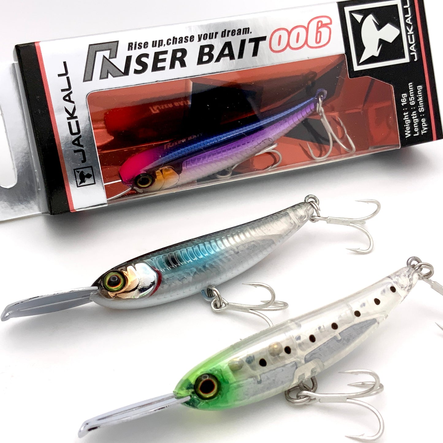 Close up of three Jackall Riser Bait 006 on a white background