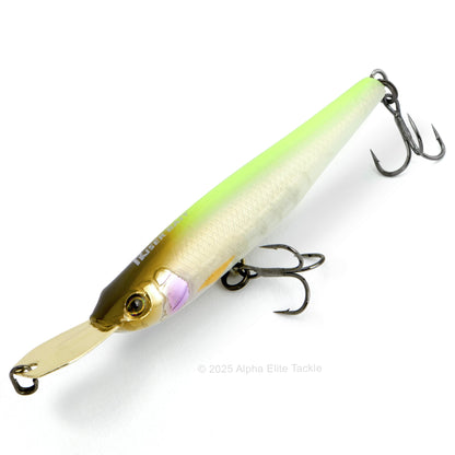 Close up of the Jackall Riser Bait 007R in the color chart back pearl on a white background