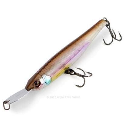 Close up of the Jackall Riser Bait 007R in the color Half Mirror Wakasagi on a white background