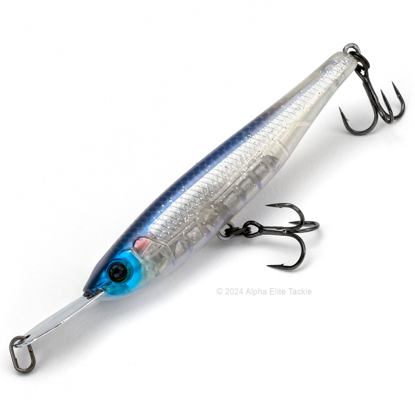 Close up of the Jackall Riser Bait 007R in the color Maruhata Clear on a white background