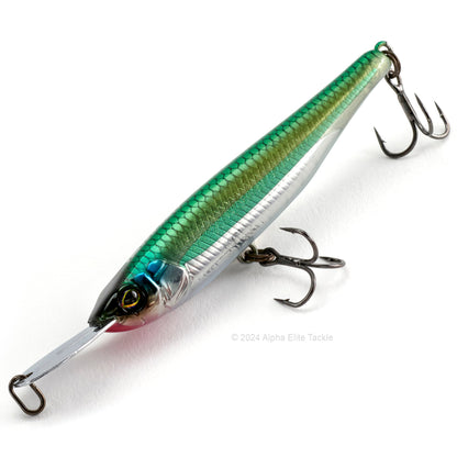 Close up of the Jackall Riser Bait 007R in the color Maruhata Escape Greenback on a white background