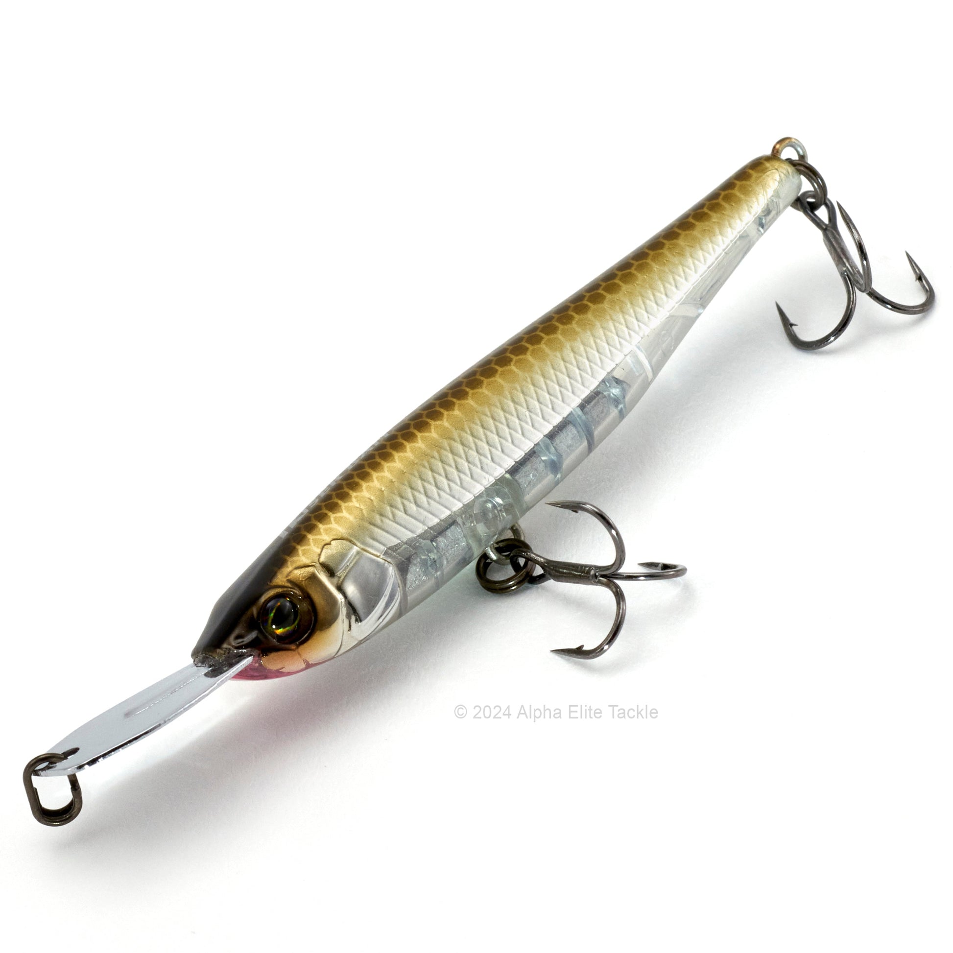 Close up of the Jackall Riser Bait 007R in the color Maruhata Flushing Wakasagi on a white background