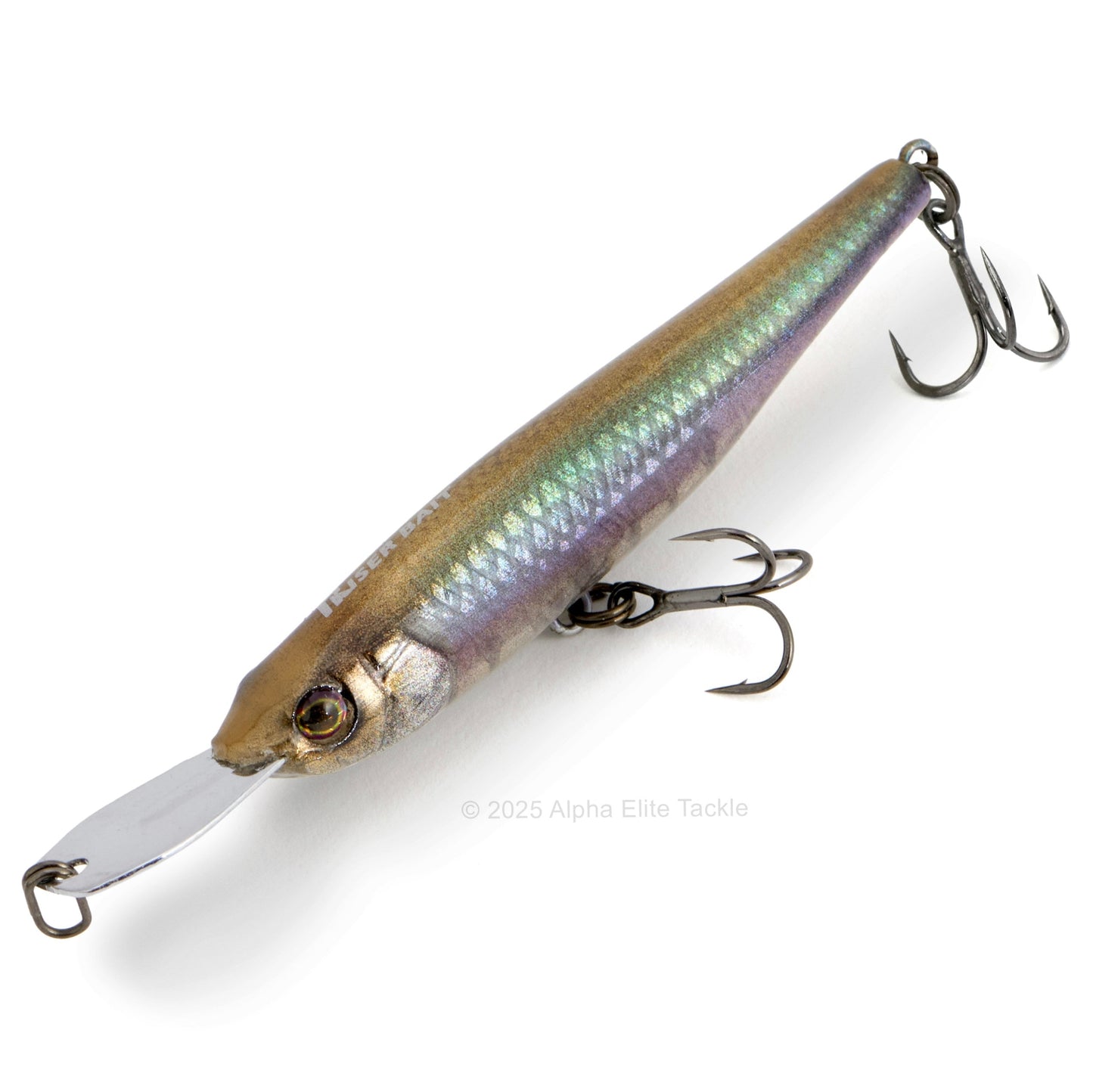 Close up of the Jackall Riser Bait 007R in the color RT Scales Wakasagi on a white background