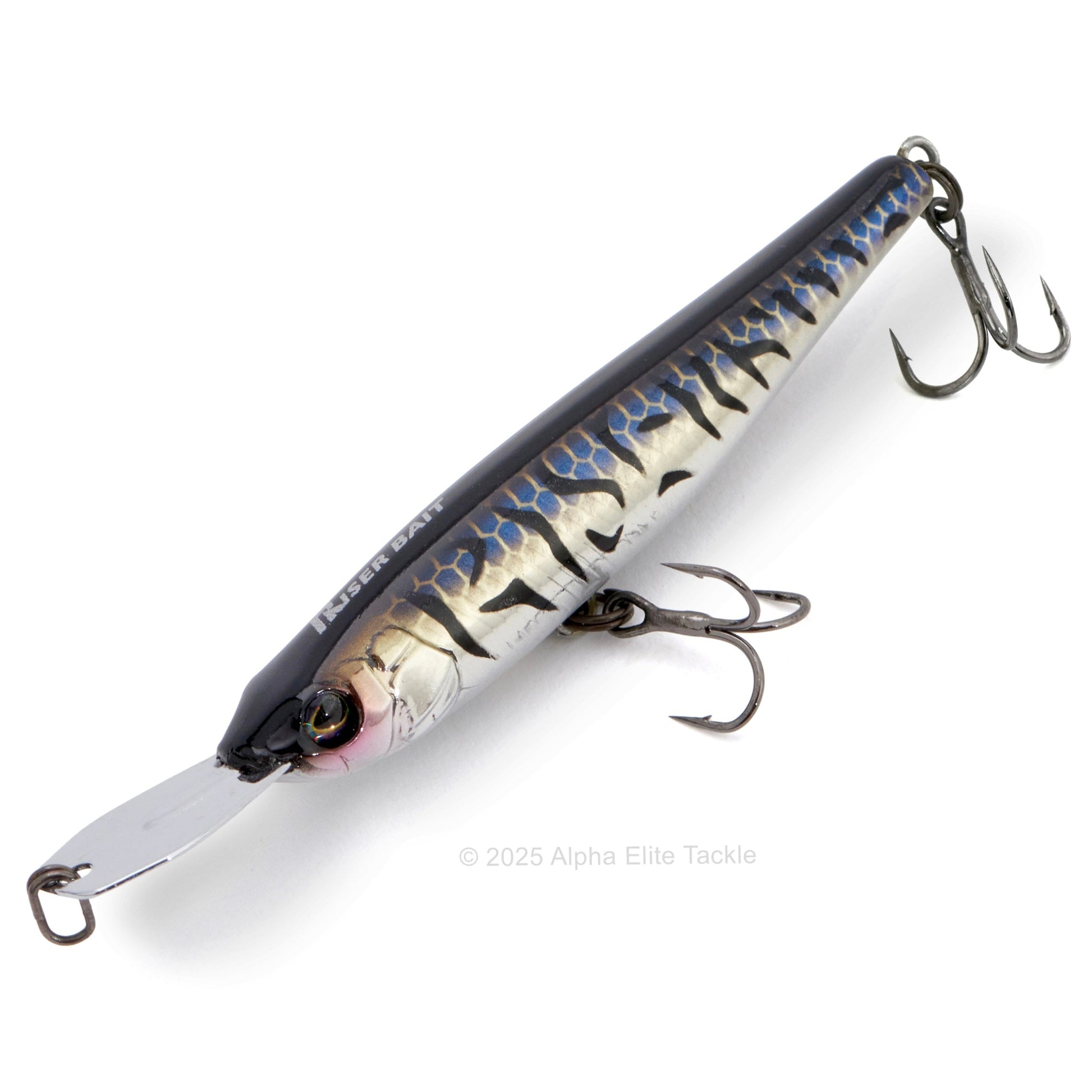 Close up of the Jackall Riser Bait 007R in the color Riser Flash Tiger on a white background