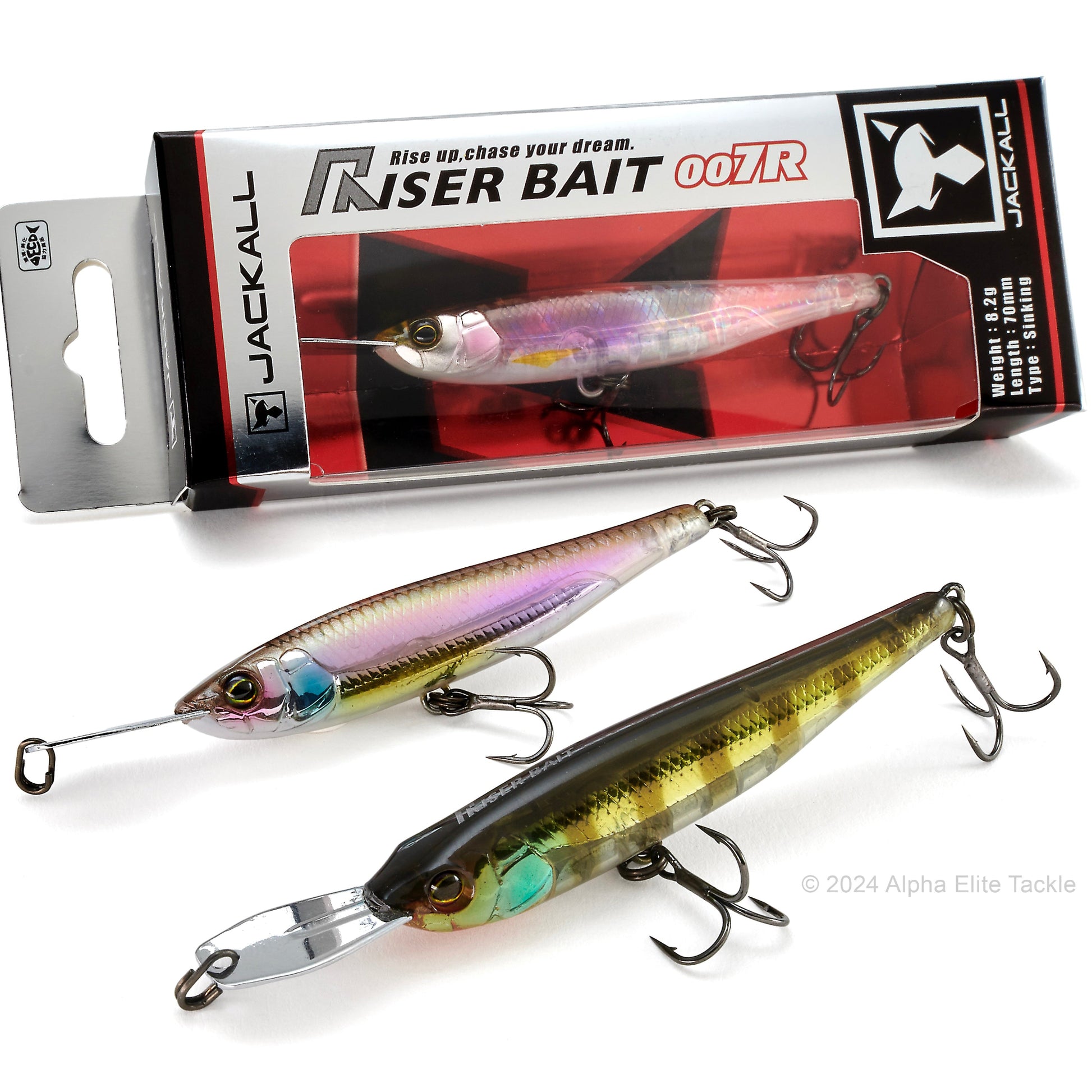 Close up of three Jackall Riser Bait 007R on a white background