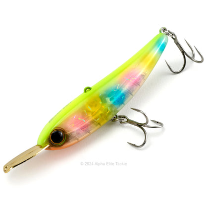 Close up of the Jackall Riser Bait 008 in the color Chart Back Candy Pearl on a white background
