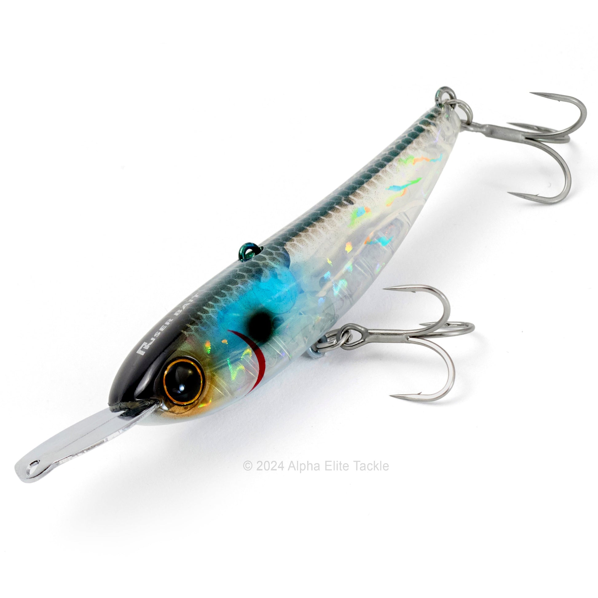 Close up of the Jackall Riser Bait 008 in the color Inakko Clear on a white background