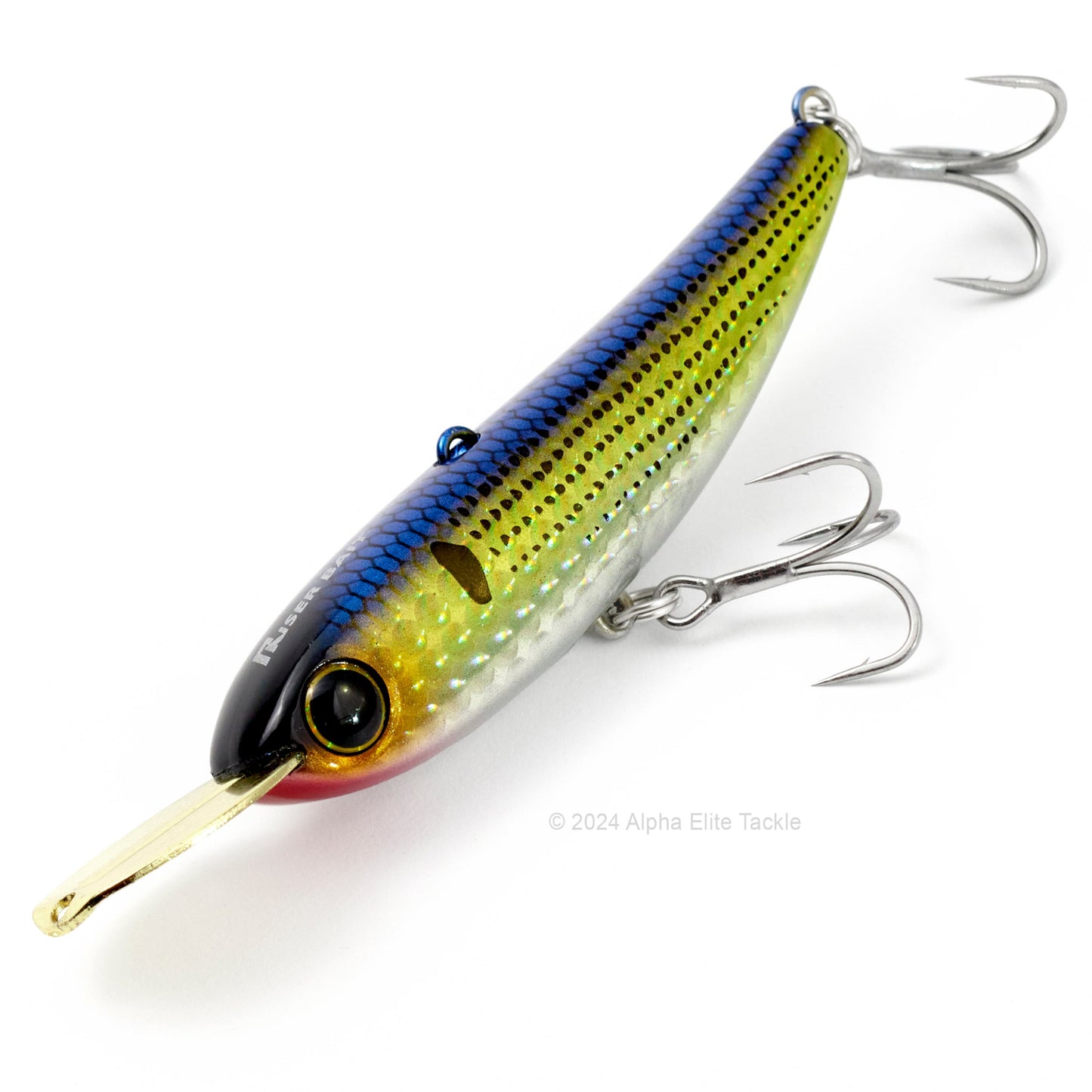Close up of the Jackall Riser Bait 008 in the color Kawakonoshiro on a white background