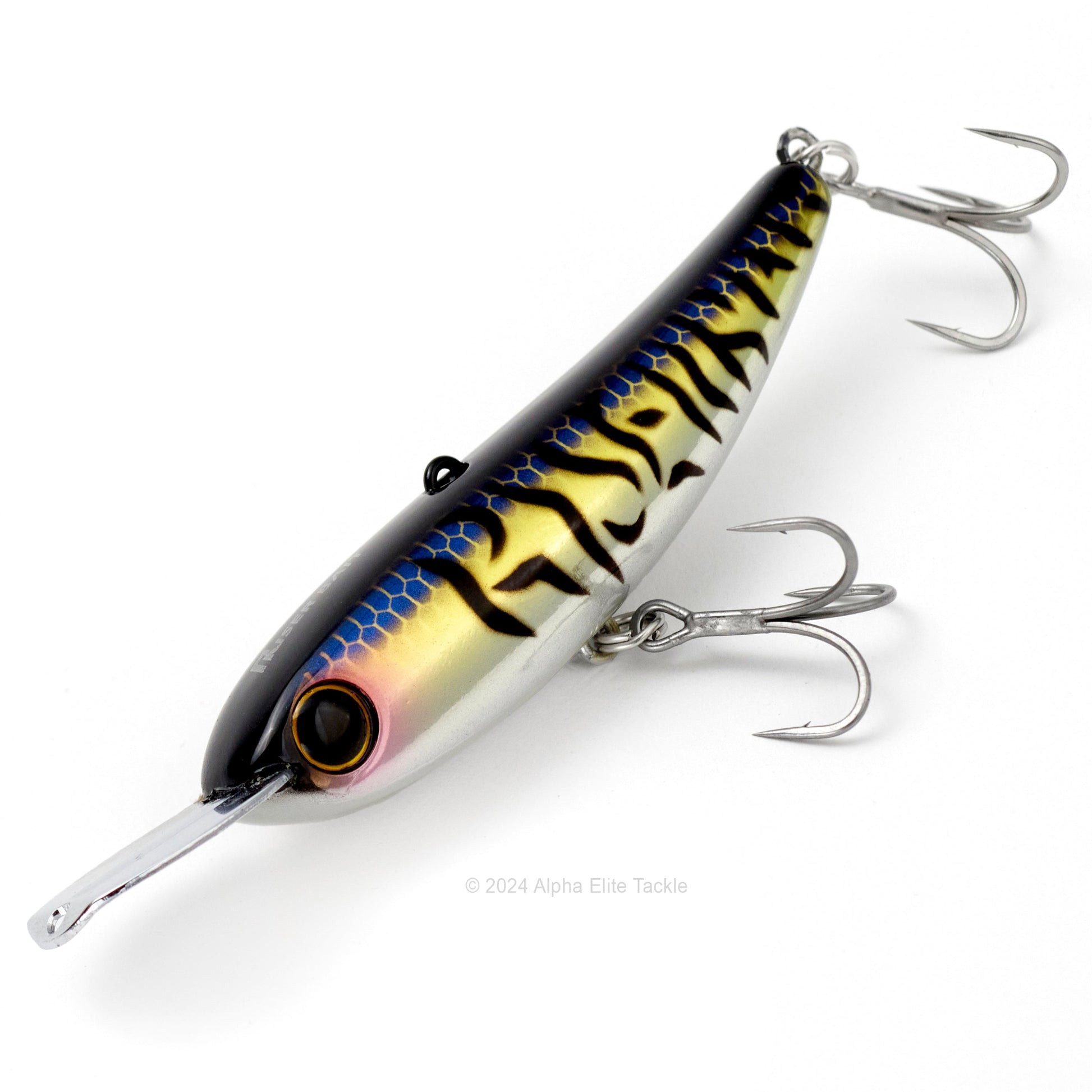 Close up of the Jackall Riser Bait 008 in the color Riser Flash Tiger on a white background