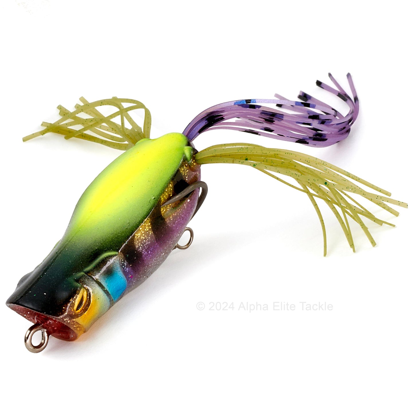 Close up of the Jackall Spin Gavacho Hollow Body Popping Frog in the color Chart Strike Gill on a white background