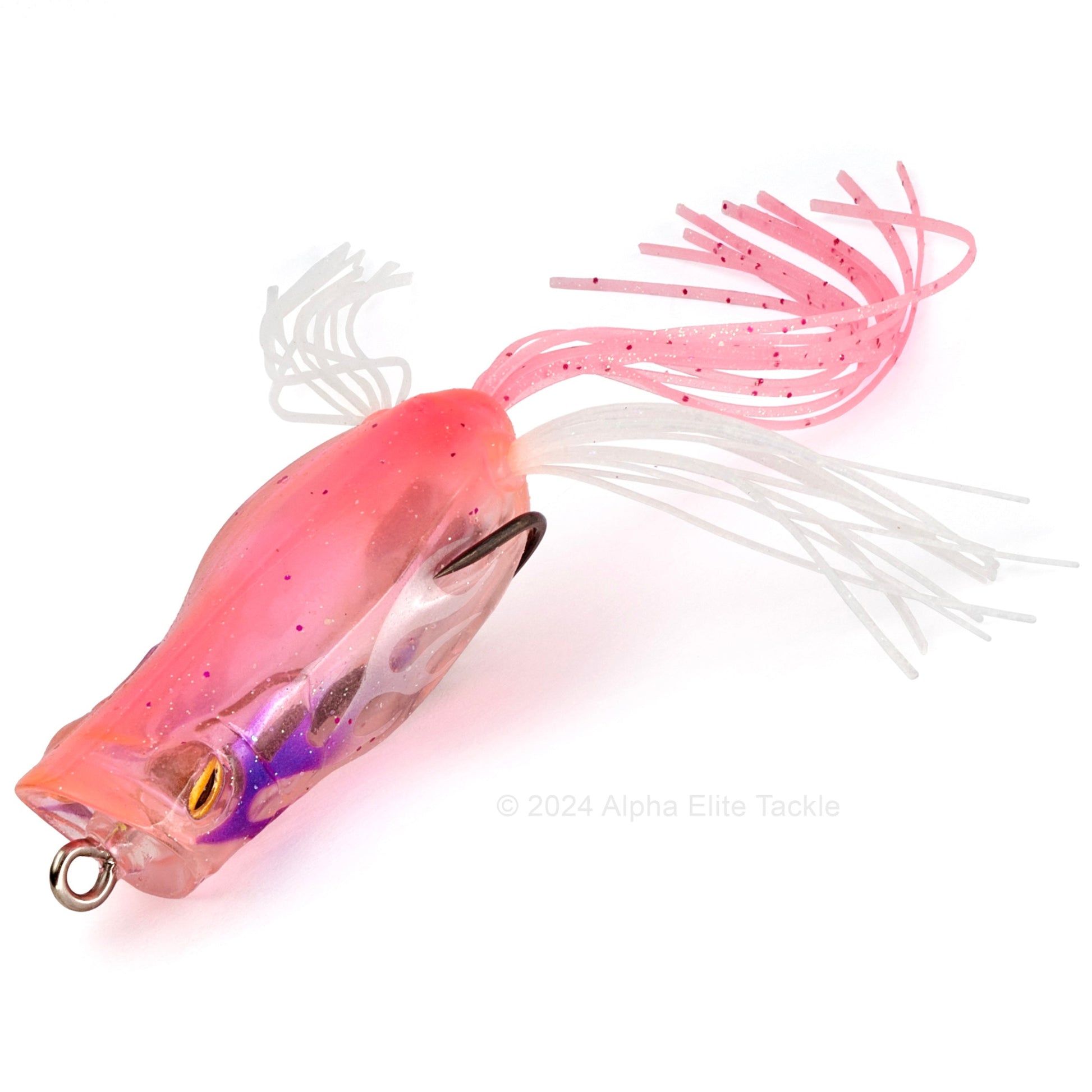 Close up of the Jackall Spin Gavacho Hollow Body Popping Frog in the color Clear Fire Pink on a white background