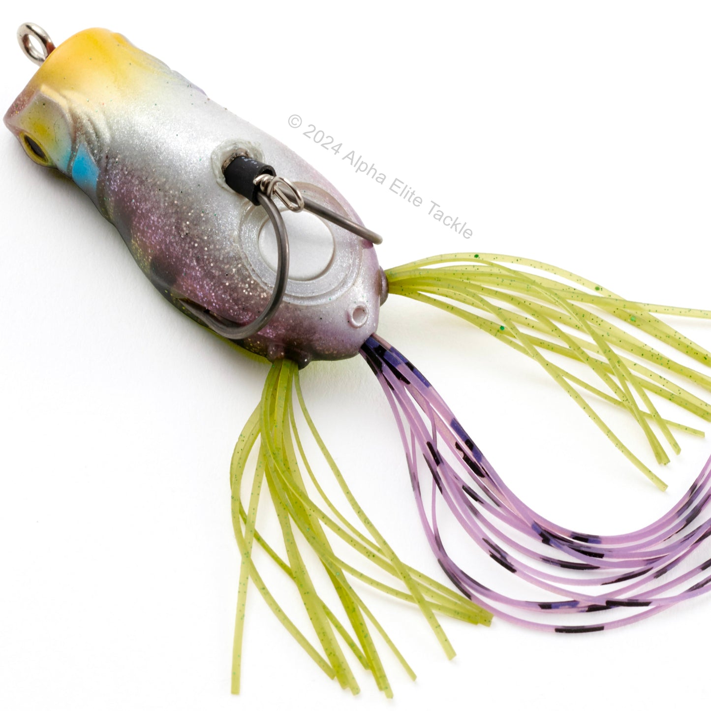 Close up of the the underside of the Jackall Spin Gavacho Hollow Body Popping Frog on a white background