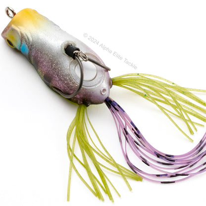 Close up of the the underside of the Jackall Spin Gavacho Hollow Body Popping Frog on a white background