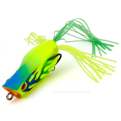 Close up of the Jackall Spin Gavacho Hollow Body Popping Frog in the color Fire Chart on a white background