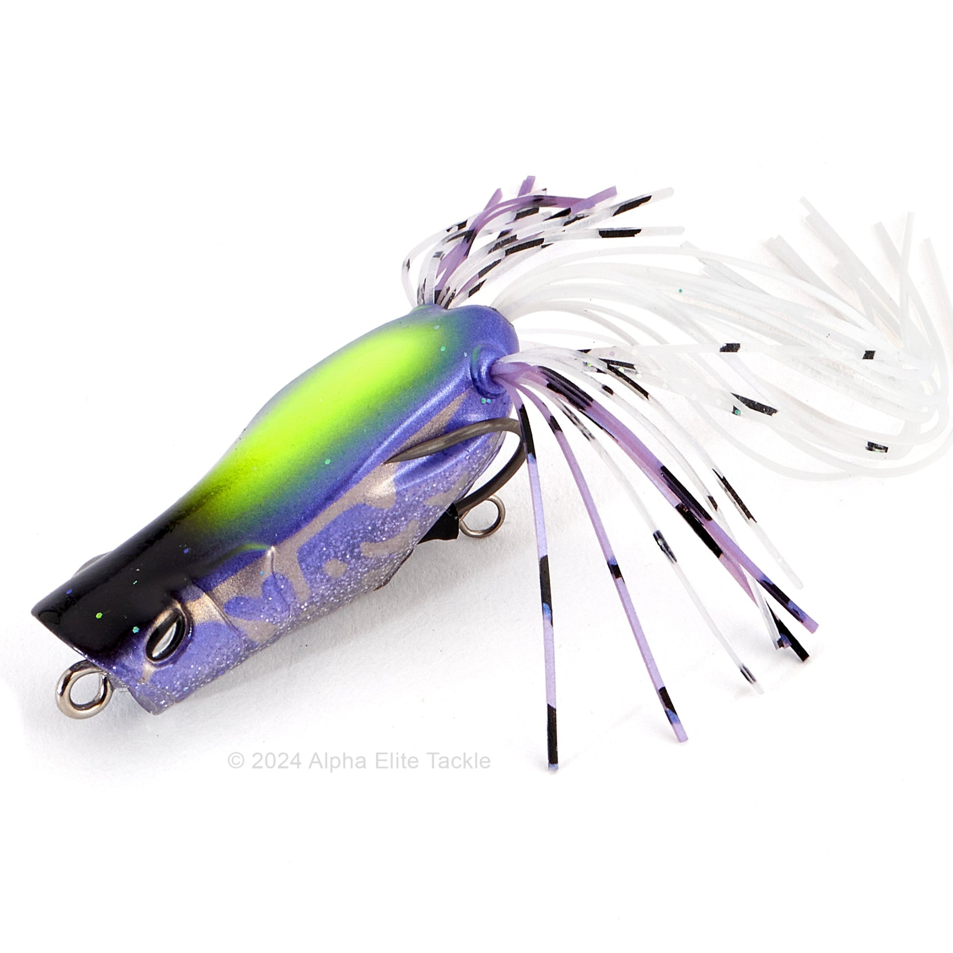 Close up of the Jackall Spin Gavacho Hollow Body Popping Frog in the color Viji Silver on a white background
