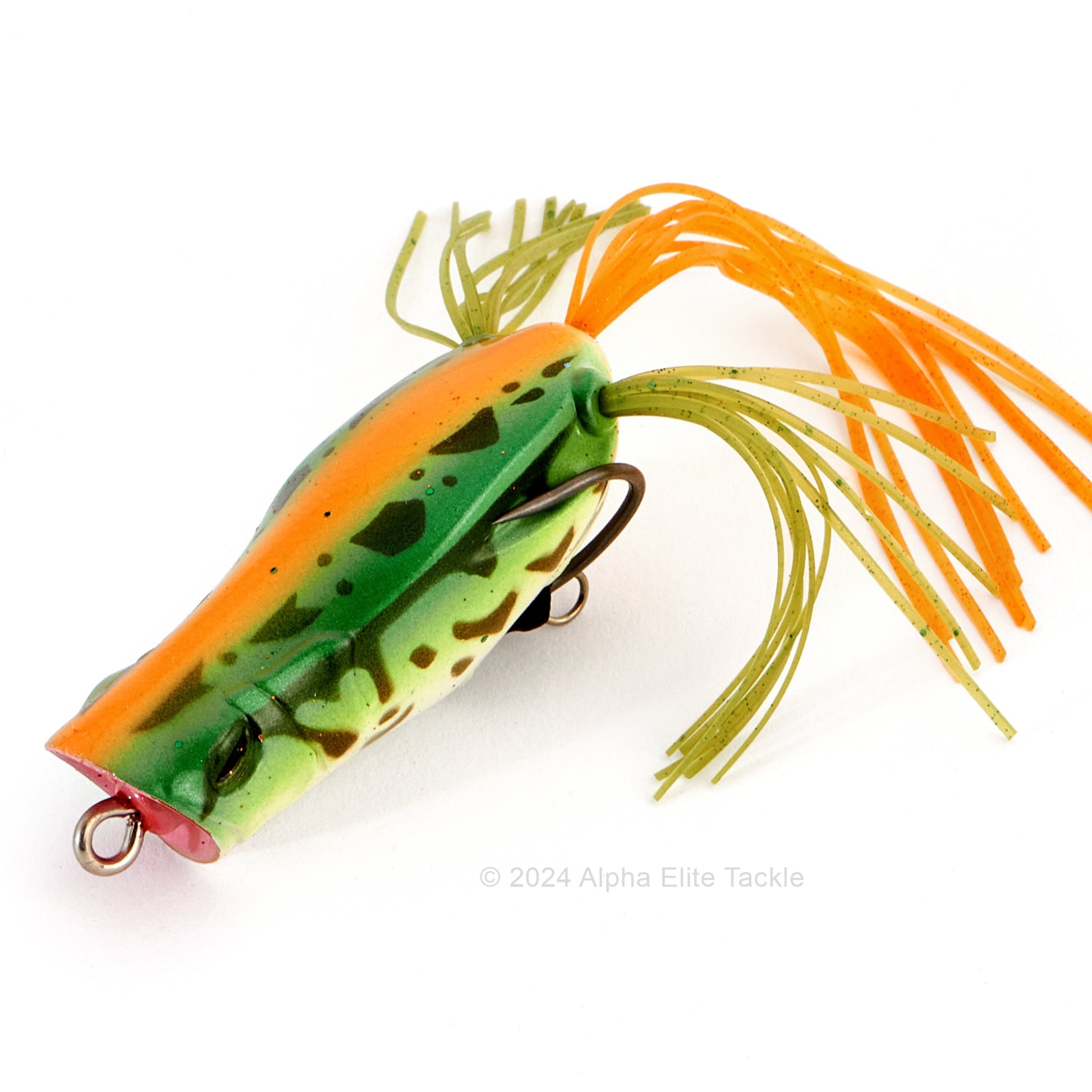 Close up of the Jackall Spin Gavacho Hollow Body Popping Frog in the color Maruhata Vigi Green on a white background