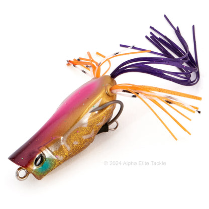 Close up of the Jackall Spin Gavacho Hollow Body Popping Frog in the color Viji Gold on a white background
