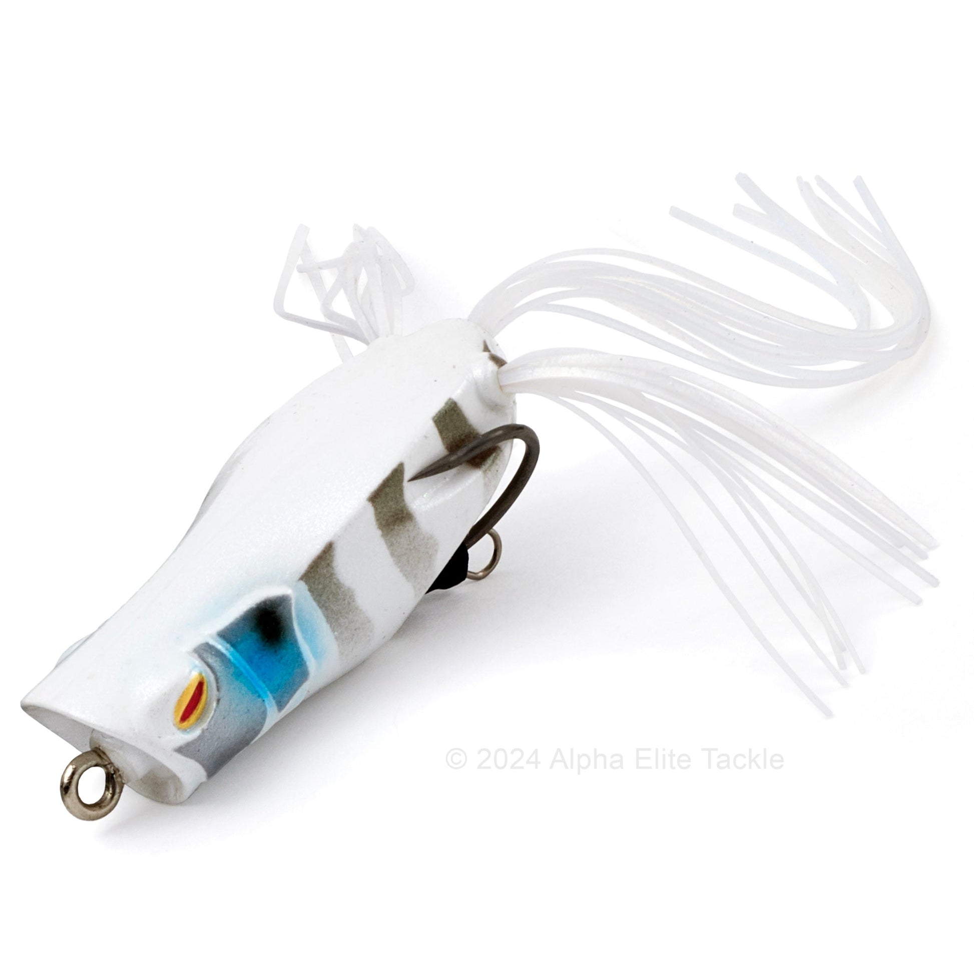 Close up of the Jackall Spin Gavacho Hollow Body Popping Frog in the color White Gill on a white background