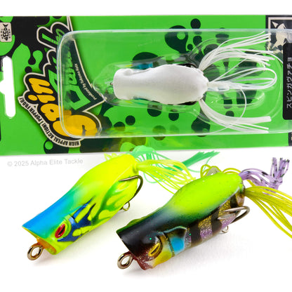One Jackall Spin Gavacho Hollow Body Popping Frog in a package and two out of package on a white background